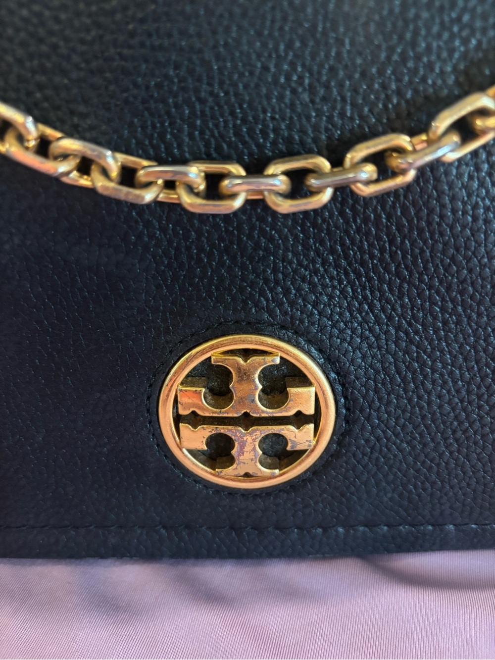 Tory Burch Black Pebbled Leather Shoulder Bag with Gold Logo Chain